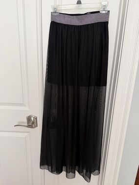 Divided Black Sheer Maxi Skirt with Metallic Waistband